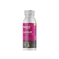 Bottle of Beyond Soil Life Aminok fertilizer on a white background