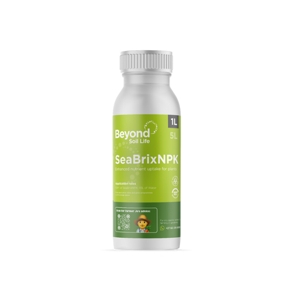 Bottle of Beyond Soil Life SeaBrixNPK on a white background