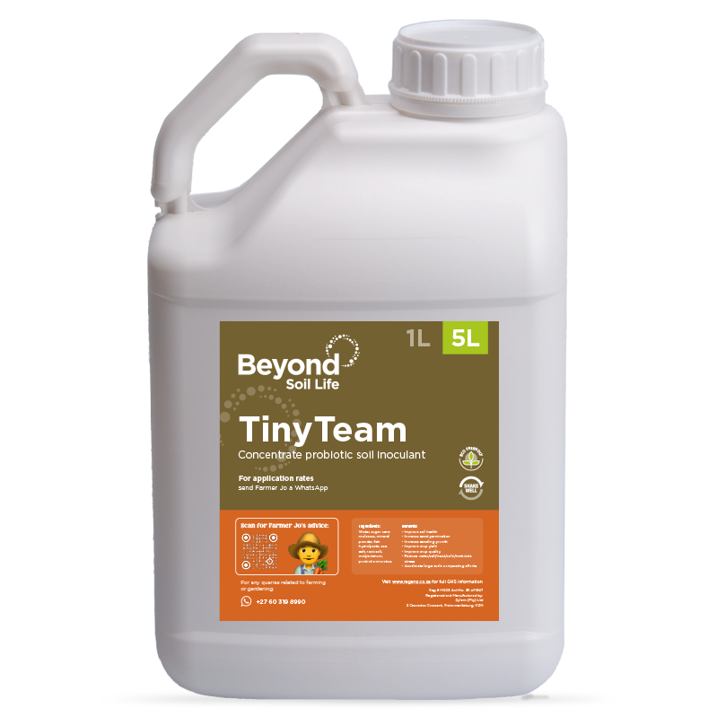 Bottle of 'Beyond Soil Life Tiny Team' probiotic soil inoculant on a white background