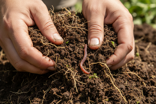 Hands crumbling rich, dark garden soil that is full of organic matter and visible plant roots.