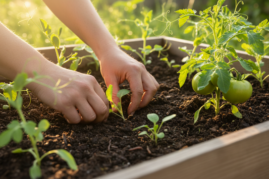 A flatlay showing seedlings, Beyond Soil Life products and a printed application calendar on a wooden bench.