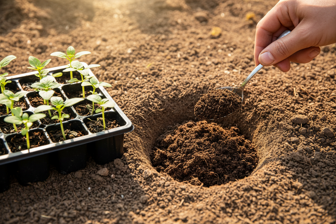 A gardener adding a scoop of Beyond PSP into a planting hole before transplanting a tomato seedling.