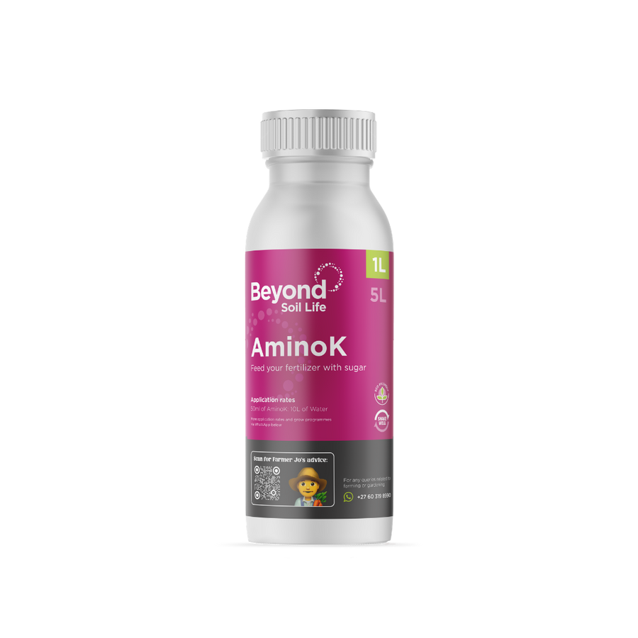 Bottle of Beyond Soil Life Aminok fertilizer on a white background