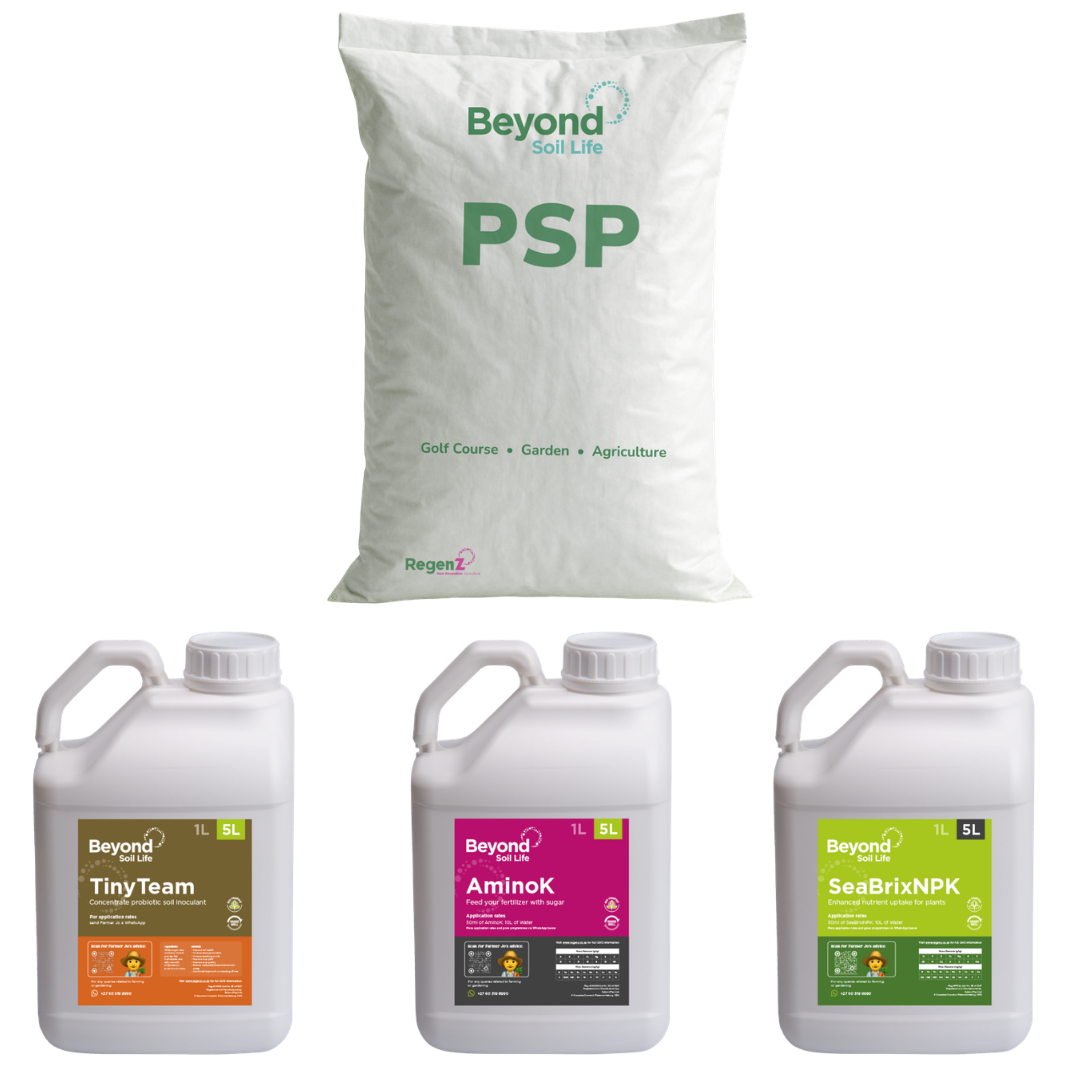 Collection of 'Beyond' brand products including a bag labeled 'PSP' and three bottles labeled 'Tiny Team', 'AminOK', and 'SeaBrixNPK' on a white background.