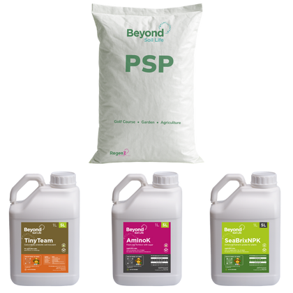 Collection of 'Beyond' brand products including a bag labeled 'PSP' and three bottles labeled 'Tiny Team', 'AminOK', and 'SeaBrixNPK' on a white background.