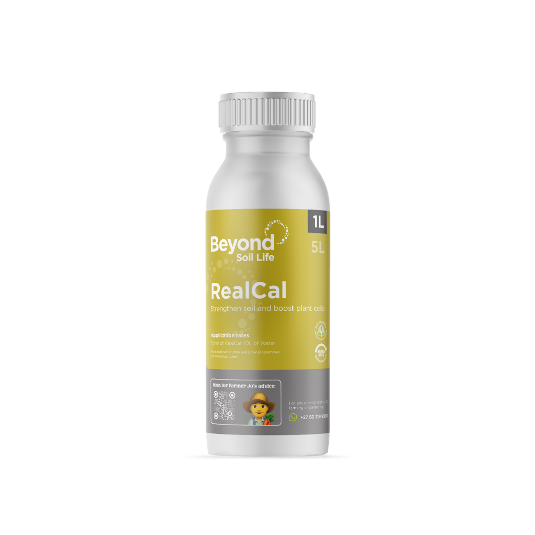Bottle of Beyond Soil Life RealCal on a white background