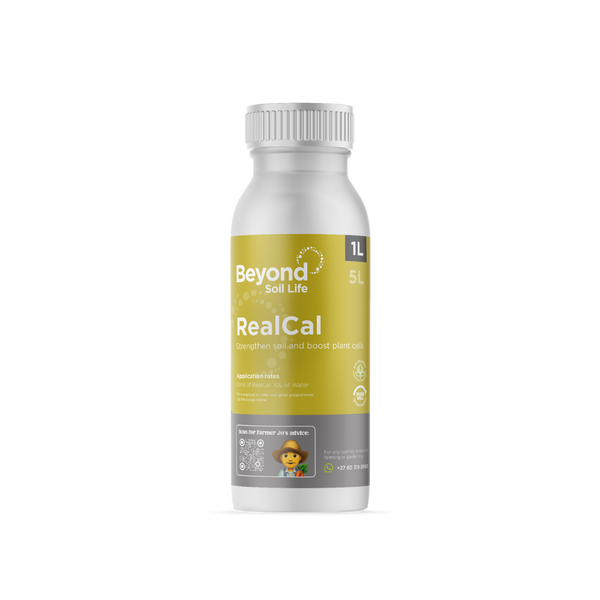 Bottle of Beyond Soil Life RealCal on a white background