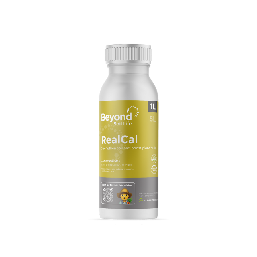 Bottle of Beyond Soil Life RealCal on a white background