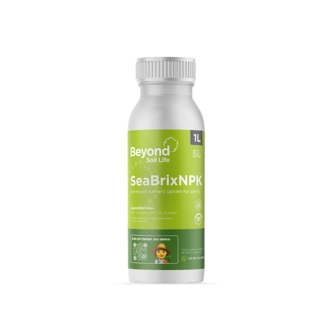 Bottle of Beyond Soil Life SeaBrixNPK on a white background