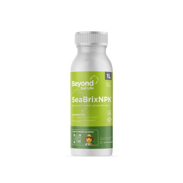 Bottle of Beyond Soil Life SeaBrixNPK on a white background