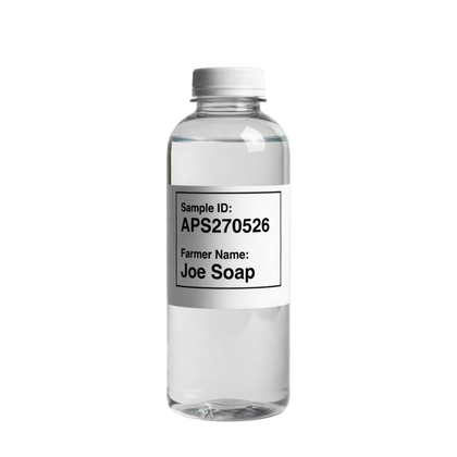 Clear bottle with a label on a black background